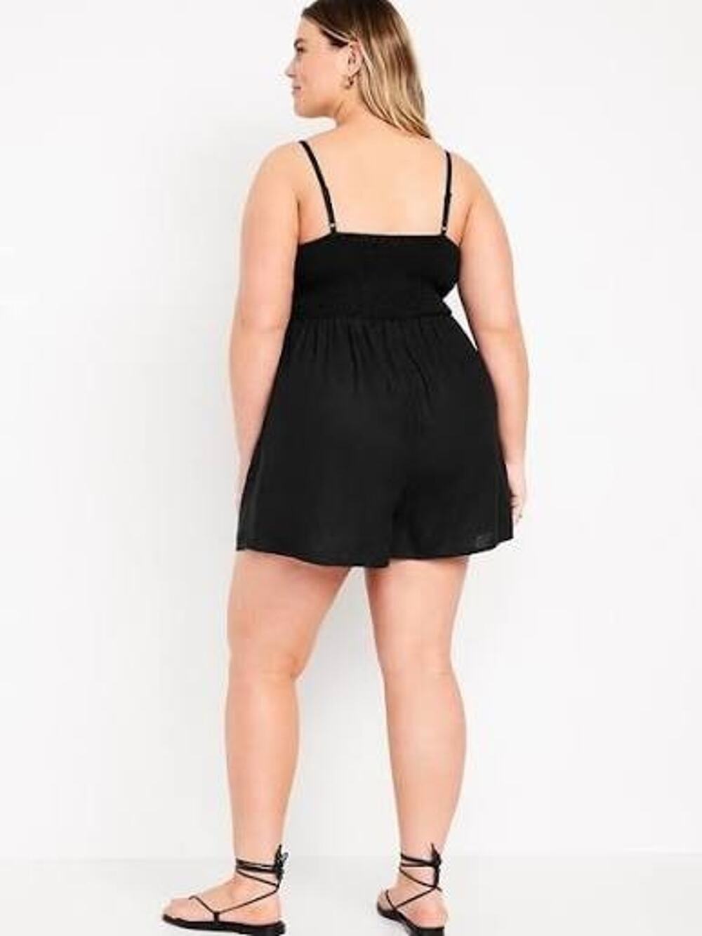 Old Navy Fit & Flare Cami Romper Black Linen Blend 3X Smocked Back Adjustable
